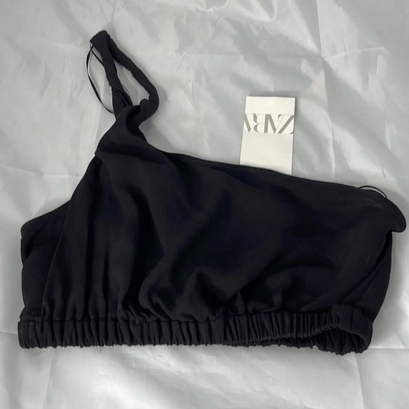 ZARA NWT Black Twisted One Shoulder Crop Top Elastic Band Hem Lined Summer L - Picture 7 of 7